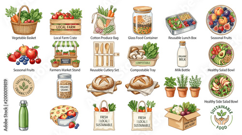 Hand drawn organic food vector set with fresh vegetables, fruits, jars, herbs, honey, bread, tea, spices, grocery crates and healthy farm products.