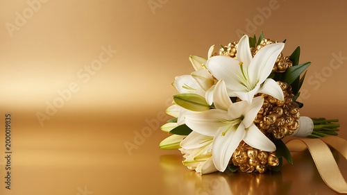 Elegant white lily bouquet with gold accents, luxury floral arrangement on metallic golden background, sophisticated wedding flowers with copy space