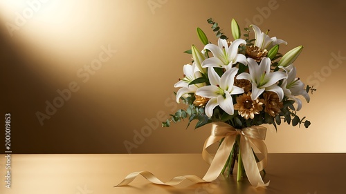 Elegant white lily bouquet with gold ribbon, luxury floral arrangement on golden background, sophisticated wedding flowers for celebration