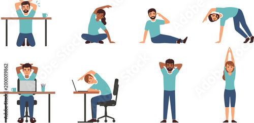 Office Desk Stretching Exercise Icon Set for Health, Posture Improvement, and Wellness with Stretches for Desk Workers, Office Employees, and Remote Workers