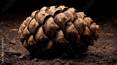 fibonacci. Extreme close-up of a pinecone on soil, focusing on its Fibonacci spiral pattern of scales. gardening catalogs, home-decor guides, designed for gardening and botanical catalogs.