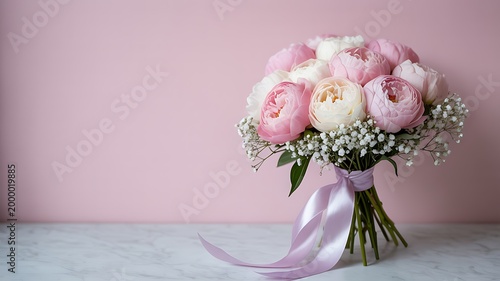Elegant pink peony bouquet with white baby's breath, romantic floral arrangement on marble surface, wedding flower bunch with silk ribbon