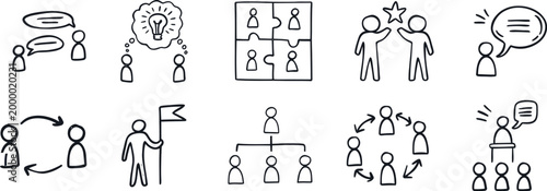 Collection of hand drawn line art icons depicting various human interactions and gestures