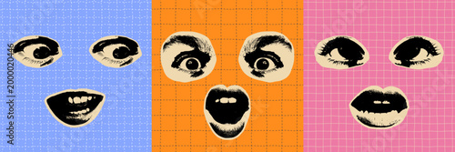 Retro photocopy effect face with eyes and open mouth. Collage pop-art design