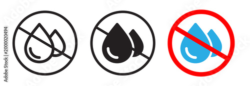 No water resistant sign. Water drop prohibited vector icon set.