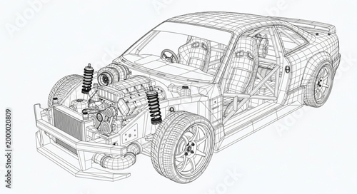 Detailed technical drawing of a cars internal mechanics and chassis.