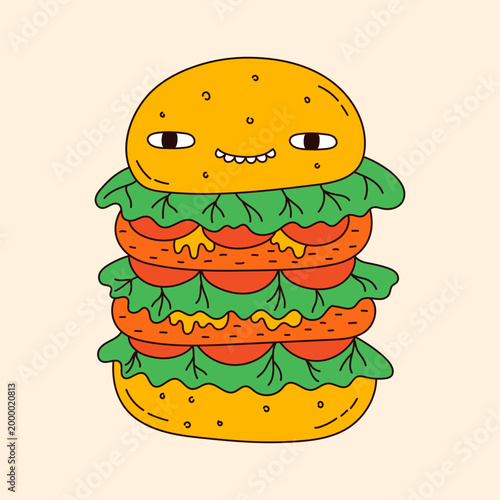 Hand-drawn bold illustration of weird burger with smiling face. Funky retro character. Doodle fast food funny snack. Vector graphic