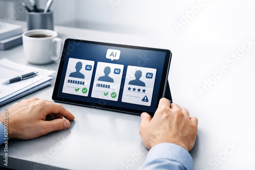 Business professional reviewing AI candidate profiles on a tablet