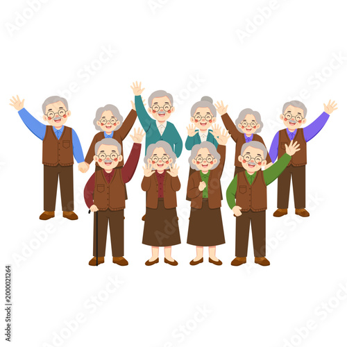 Group Of Elderly People Waving Hands Happily While Standing Together And Showing Friendly