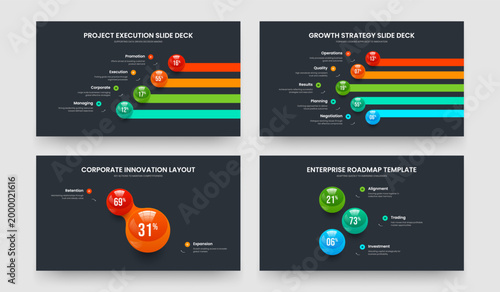 Service Analysis Four Five Two Three Step Diagram Slide Template Vector Illustration Bundle. Corporate Overview 4 5 2 3 Element Chart Presentation Layout Set.