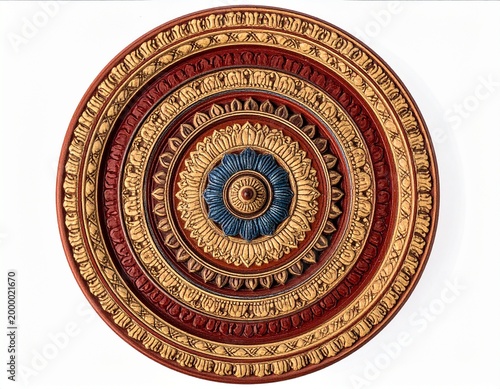 highly detailed Athangudi mandala tile, intricate radial symmetry, rich pigments, handcrafted ceramic artistry, top view