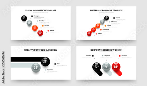 Professional Portfolio Four Five Two Three Element Chart Slideshow Design Vector Illustration Set. Visual Review 4 5 2 3 Option Diagram Slide Layout Collection.
