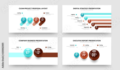 Educational Insight 4 5 2 3 Option Infographic Slide Template Collection. Sales Overview Four Five Two Three Element Chart Slideshow Design Vector Illustration Set.