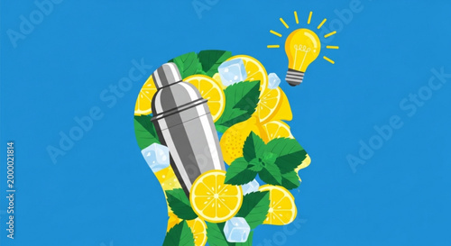 Cocktail idea concept human head silhouette filled with citrus fruits mint ice and shaker bright light bulb for inspiration