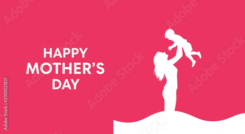 Happy mother s day silhouette with mother and child pink background