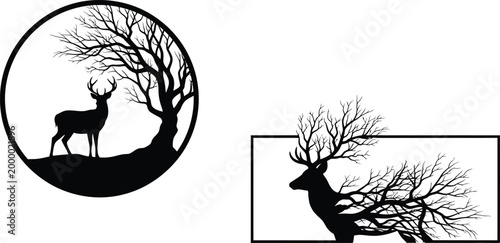 Deer and tree silhouette within a circular frame black and white