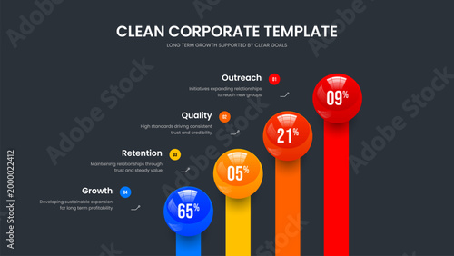 Educational Insight 4 Step Graph Slide Template. Advertising Briefing Four Element Infographic Presentation Layout. Simple Profile Frame Design Vector Illustration.