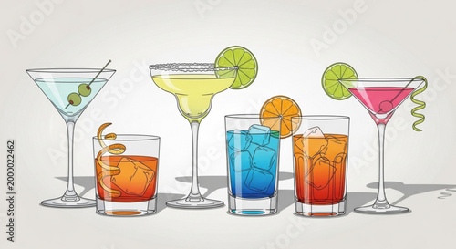 Collection of colorful cocktails and drinks illustrated in a flat design style for bar menus and party invitations isolated on a light backgroun