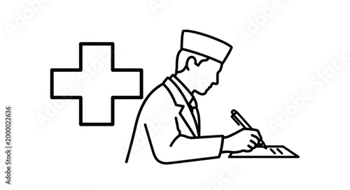 Doctor writing prescription medical cross symbol healthcare concept.