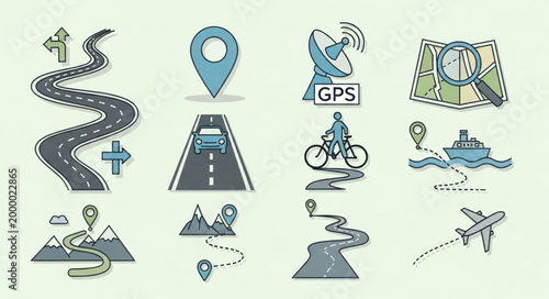 Collection of navigation and travel icons illustrating different modes of transport and routes.