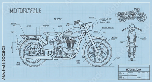 Tableau sur toile Detailed Blueprint of a Vintage Motorcycle Design.