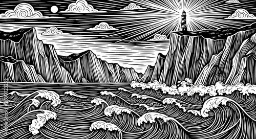 Dramatic seascape with lighthouse and crashing waves in linocut style.