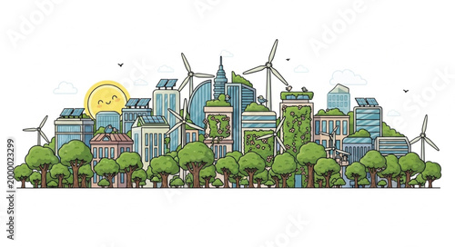 Eco friendly city skyline with wind turbines and green buildings.