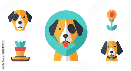 Dog icons illustration of a pet with flowers and potted plant elements