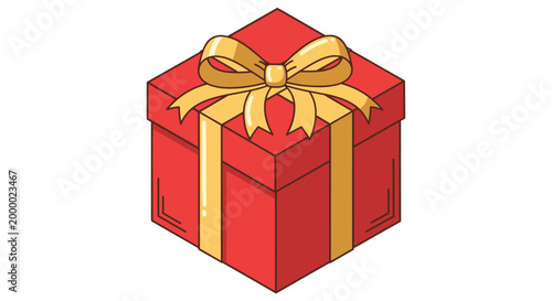 Isometric red gift box with golden ribbon bow isolated on white background