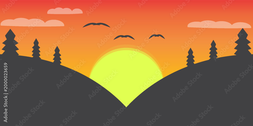 Fototapeta premium Explainer Video animation background. Simple Flat 2D Sunset landscape cartoon-like animation.