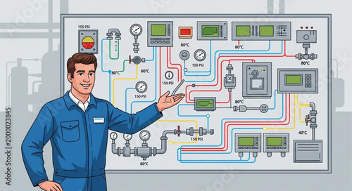 Engineer explaining industrial control system diagram on whiteboard.