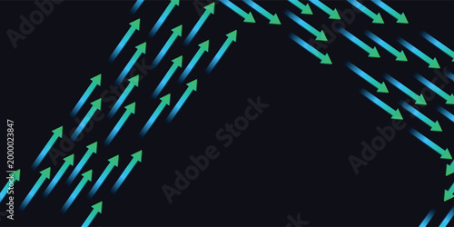 Abstract illustration of numerous green arrows with blue motion trails moving in two distinct diagonal directions on a dark background, symbolizing flow and progress.