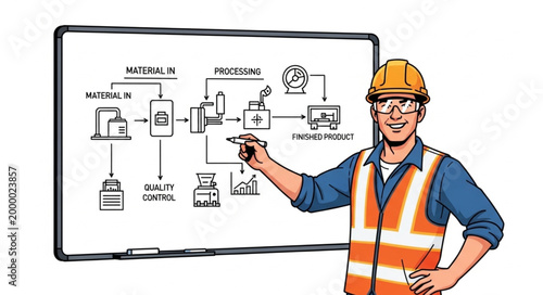 Engineer Explains Industrial Process Diagram on Whiteboard.