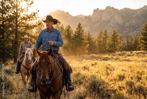 Two experienced cowboys ride their horses through a sun-drenched mountain valley during golden hour, reflecting a deep sense of rugged heritage, stoic solitude, and timeless western freedom.