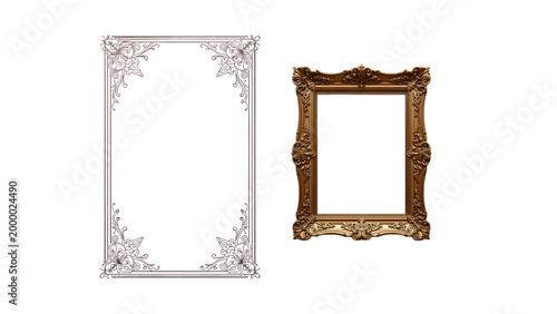An ornate antique gold picture frame with a vintage baroque design provides an empty wooden border for art or a blank photo isolated on a white background as a decorative object
