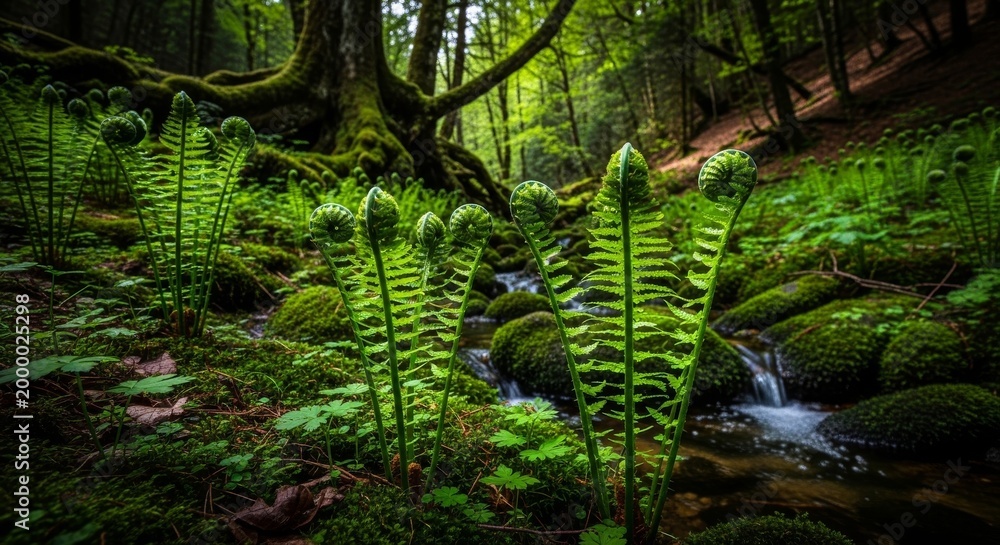 Fototapeta premium New Fern Fronds Unfurling in a Damp Forest Stream