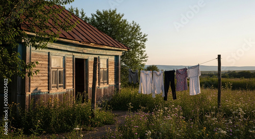 A small wooden house with a clothesline in a rural setting at sunset