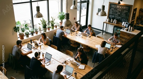 Overhead view of creative professionals working on laptops at communal wooden tables in a bright cafe with industrial pendant lights, potted plants, and menu board.