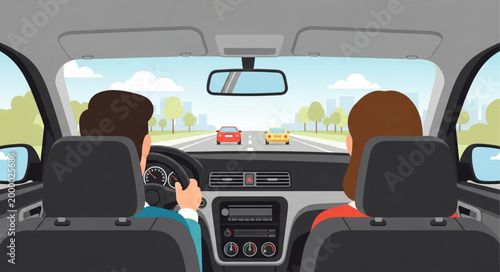 Two people driving a car on a sunny day looking forward.