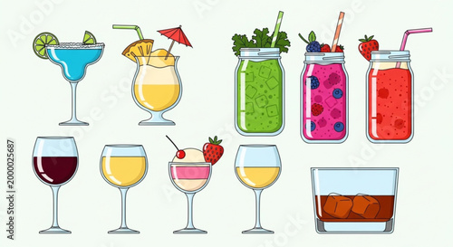 Collection of colorful cocktails and drinks flat vector illustrations for summer refreshment party and bar menus isolated on white
