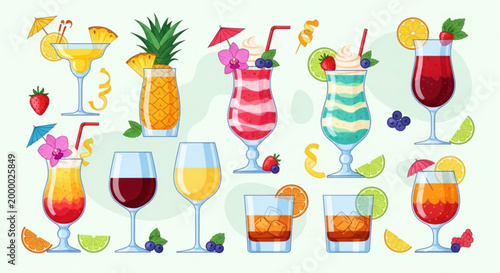 Collection of colorful tropical cocktails and drinks flat vector illustration for summer party and bar menu design isolated on light bac