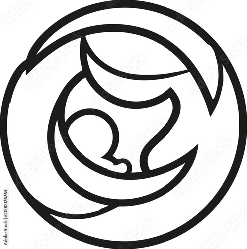 Minimalist mother and baby logo vector, circular maternal care emblem, black and white line art of parent embracing infant, nursery and childcare branding