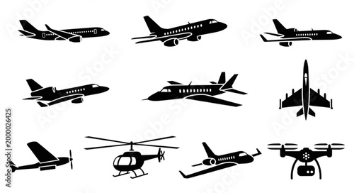Collection of various aircraft silhouettes including jets helicopters and drones.
