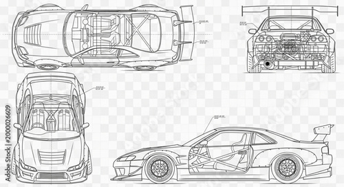Detailed technical drawing of a sports car.
