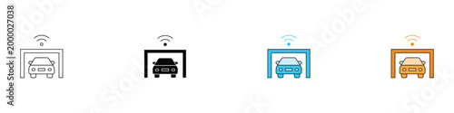 Smart garage and connected car icon set for intelligent transport. Vector illustration of a car under a garage roof with wireless signal, representing automated parking, remote vehicle monitoring.