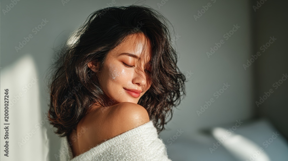 Fototapeta premium Young woman is using a white cream on her shoulder and her face,Facial care for female,moisturizing cream,healthy skin,Taking good care of her skin,Skin cream concept.
