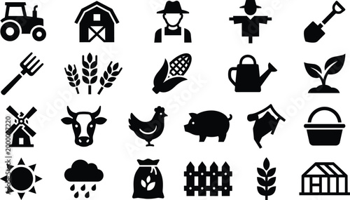 Agriculture and Farming Icon Set, Organic Food and Livestock Vector Symbols, Minimalist Black Silhouettes for Farm Management, Harvesting Tools, Poultry, and Sustainable Gardening