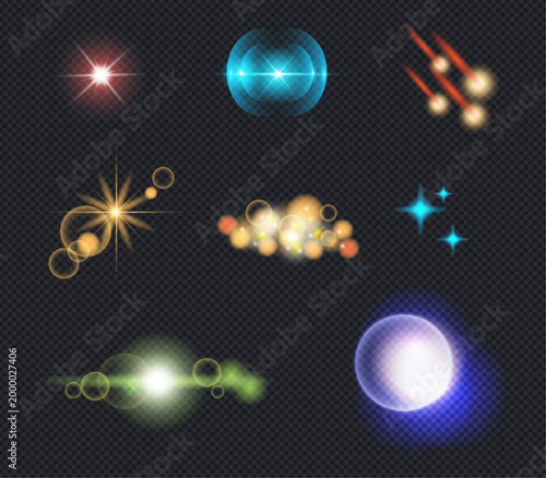Star lens flare and abstract optical light effect collection. Vector illustration of colorful glowing sunbursts, meteors, bokeh particles, and radiant flashes on a transparent background.