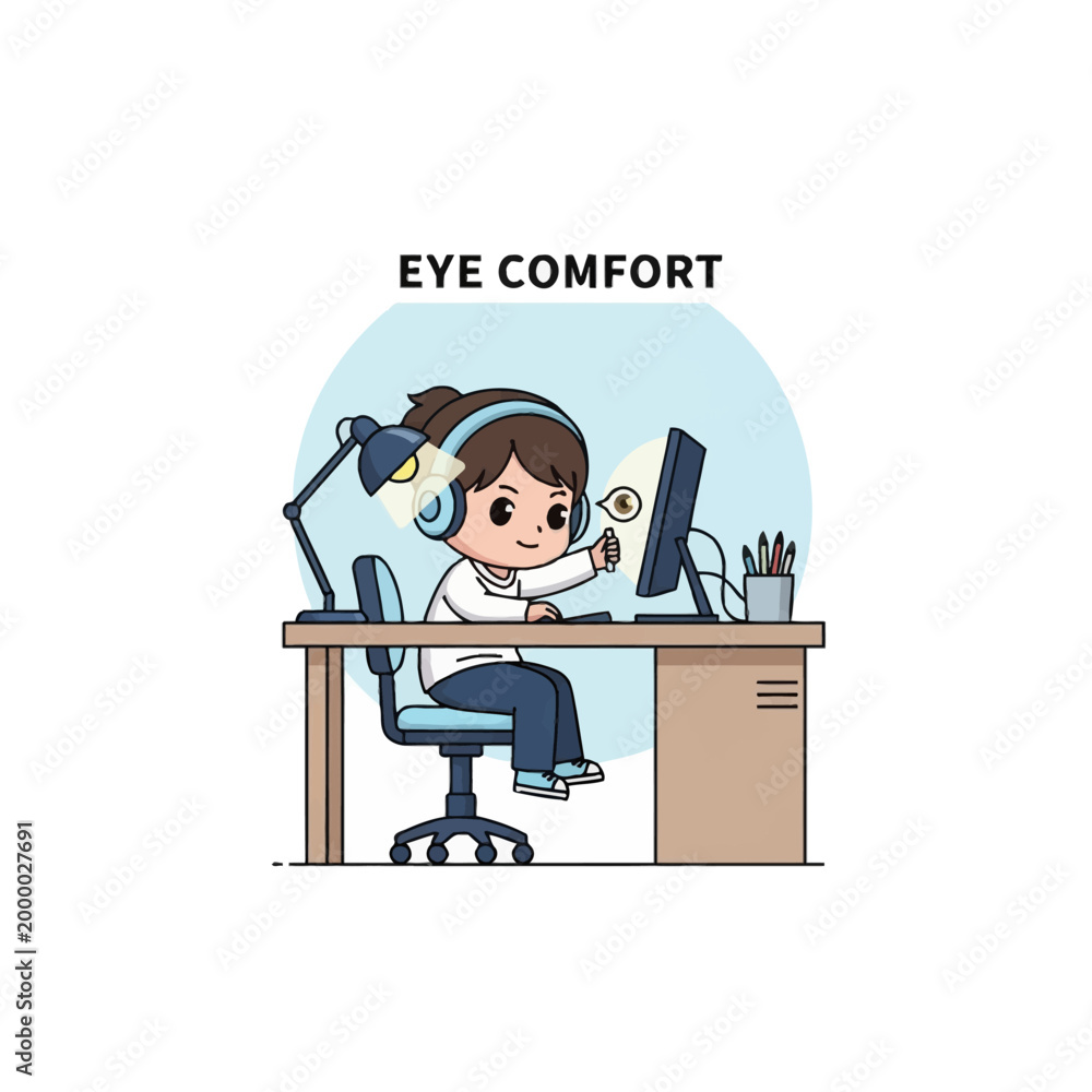 Naklejka premium Vector illustration of a chibi girl at a desk with a computer, adjusting a lamp for eye comfort. Scene includes headphones, monitor, and office chair on white background.