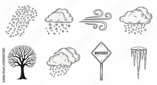 Vintage winter weather icon collection featuring clouds with snow and hail, wind gusts, a leafless bare tree, a whiteout warning sign, and hanging icicles in engraved line art.